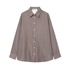 Fashionable brown and white vertical striped poplin shirt with a classic pointed collar