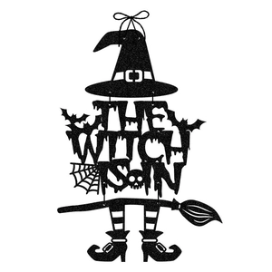 Panneau mural Halloween noir pailleté avec éléments de sorcière et texte The Witch Is In