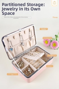 Pink PU leather jewelry box detail with necklace hooks and velvet ring slots