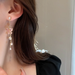 Elegant long tassel earrings with pink crystal butterfly and teardrop zircons in gold