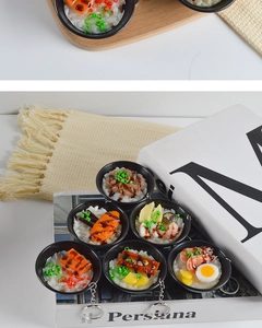 Detailed close-up of realistic Japanese eel rice and sushi bowl miniature keychains