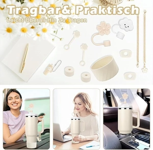 Close-up of beige silicone straw covers and floral charms for insulated tumblers