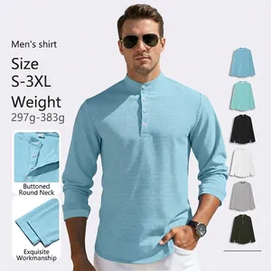 Maglia Henley A Maniche Lunghe Da Uomo In Maglia A Nido D'Ape Traspirante Casual Polo Con Pattina A Bottoni Slim Fit Tinta Unita