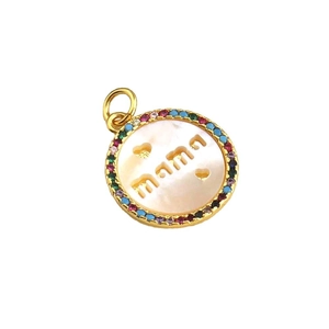 Chic circular gold pendant with mama letters, rainbow zircons and white mother of pearl