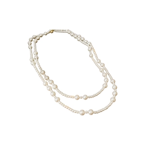 French style long double-layer pearl necklace with white beads and golden magnetic clasp