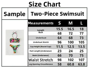 Detailed size chart for the two-piece floral print bikini featuring S, M, and L measurements