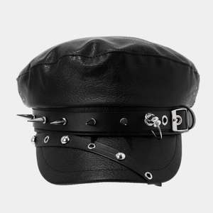 Detail of black leather punk military cap featuring silver long spikes and metal rings