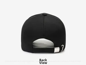 Detailed back view of black baseball cap showing adjustable silver metal buckle and fabric strap