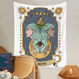 Zodiac Gemini tapestry with mystical sun and moon symbols for bohemian wall decor