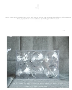 Macro view of six transparent Christmas ornaments with silver reindeer and forest patterns