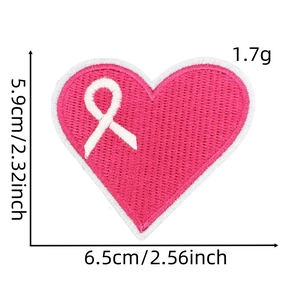 Detailed view of pink heart embroidery patch with white ribbon and size dimensions