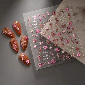 3D embossed nail art stickers featuring pink roses and vintage key designs FEB-838