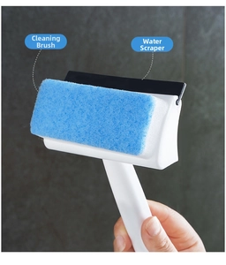 Close-up of a window squeegee featuring a blue sponge brush and black rubber blade