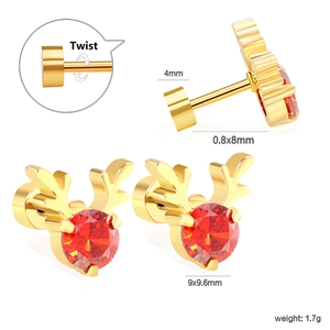 Golden reindeer antler stud earrings with red cubic zirconia stones and screw back