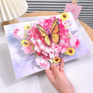 3D greeting card featuring butterfly and colorful paper flowers in a lush garden design