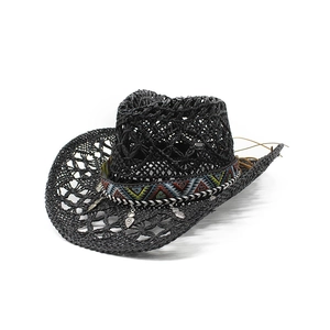 Vintage western cowboy straw hat with ethnic woven band and silver heart pendants