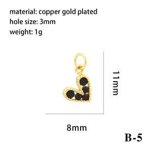 Detail of 18K gold plated heart charm with black zircon and exact size measurements