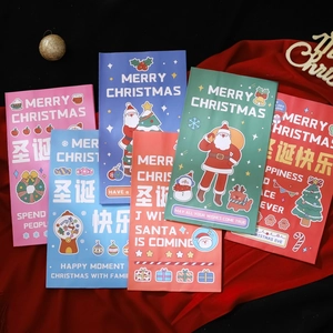 Colorful Christmas gift bags set with cartoon patterns on red velvet background