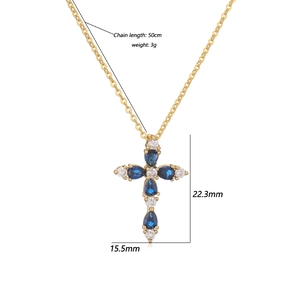 Golden cross necklace with blue teardrop crystals and 50cm chain for elegant women