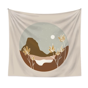 Detail of Boho tapestry showing mountain landscape and moon art on beige fabric