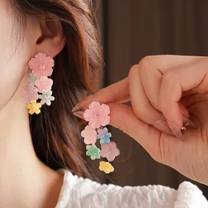 Colorful resin flower tassel drop earrings for sweet bohemian vacation style