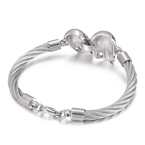Bracelet en câble d'acier argenté avec têtes d'éléphants vintage et fermoir mousqueton