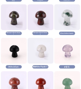 Macro display of assorted mushroom stone carvings in dragon blood stone and agate