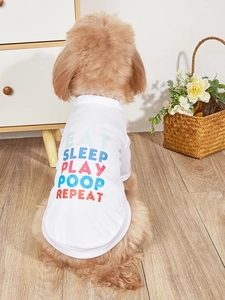 Close-up of breathable mesh pet t-shirt with EAT SLEEP PLAY POOP REPEAT slogan