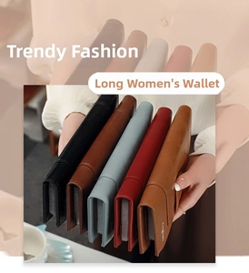 Detailed close-up of multiple leather wallets for women in five elegant classic colors