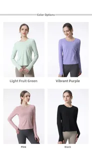 Detail view of long sleeve workout tops showing thumbhole cuffs in four vibrant colors