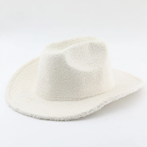 Macro shot of off-white sherpa fleece texture on a vintage western cowboy hat