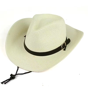 Classic white Panama straw hat with black leather band and silver buckle for beach sun protection