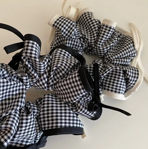 Retro black and white checkered fabric scrunchies with elegant ribbon bow hair ties