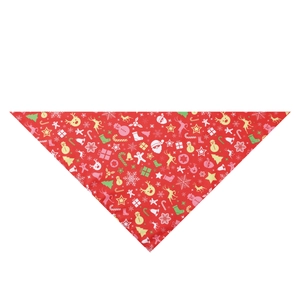 Detailed close-up of a red Christmas pet bandana featuring Santa and reindeer patterns