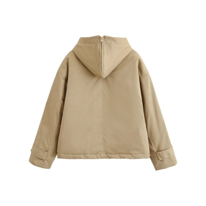 Back view of a khaki hooded jacket featuring a decorative zipper and smooth synthetic fabric