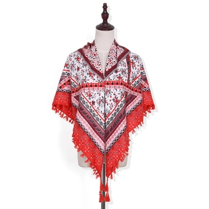 Bohemian floral jacquard scarf with red white paisley patterns and tassel fringe details
