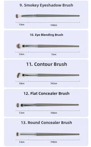 Detail view of 5 professional eye makeup brushes with matte green handles and soft bristles