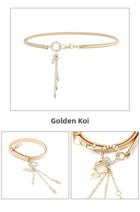 Close-up of golden koi fish charm with sparkling rhinestones and tassels on a slim metal chain