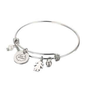 Bracelet en acier inoxydable argenté avec perle blanche, breloque fille et plaque Noël