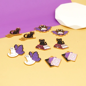 Detailed set of 10 Halloween enamel cat and bat charms for jewelry making crafts