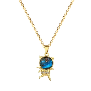 Gold cat necklace with blue starry gem and rhinestones on a white background