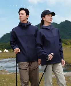 Outdoor softshell hooded jackets for couples featuring windproof navy blue fabric