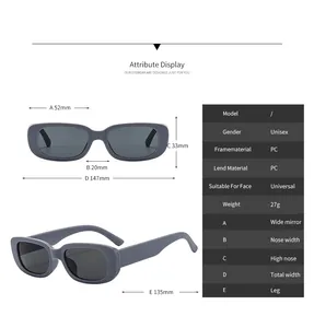 Detailed size chart for rectangular matte sunglasses with PC frame and lens specifications