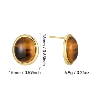 Retro round tiger eye stone stud earrings with gold plating and size measurement details