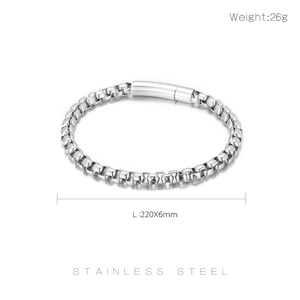 Detail of square box chain bracelet in stainless steel with cylindrical magnetic clasp