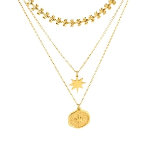 Three-layer gold necklace with star pendant and irregular coin disk on white background