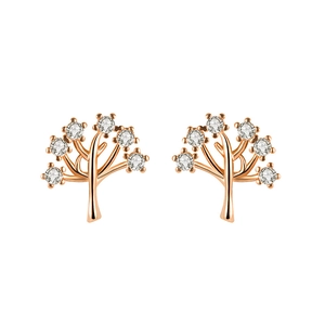 Elegant rose gold Tree of Life stud earrings with sparkling cubic zirconia on white background