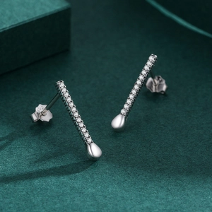 Minimalist S925 sterling silver geometric drop stud earrings with sparkling diamonds