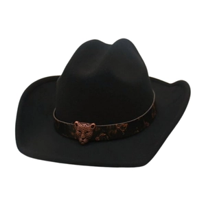 Classico cappello da cowboy in feltro nero con fibbia in metallo a testa di leopardo