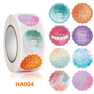 Detailed grid of eight floral Thank You sticker designs with a bulk roll packaging view